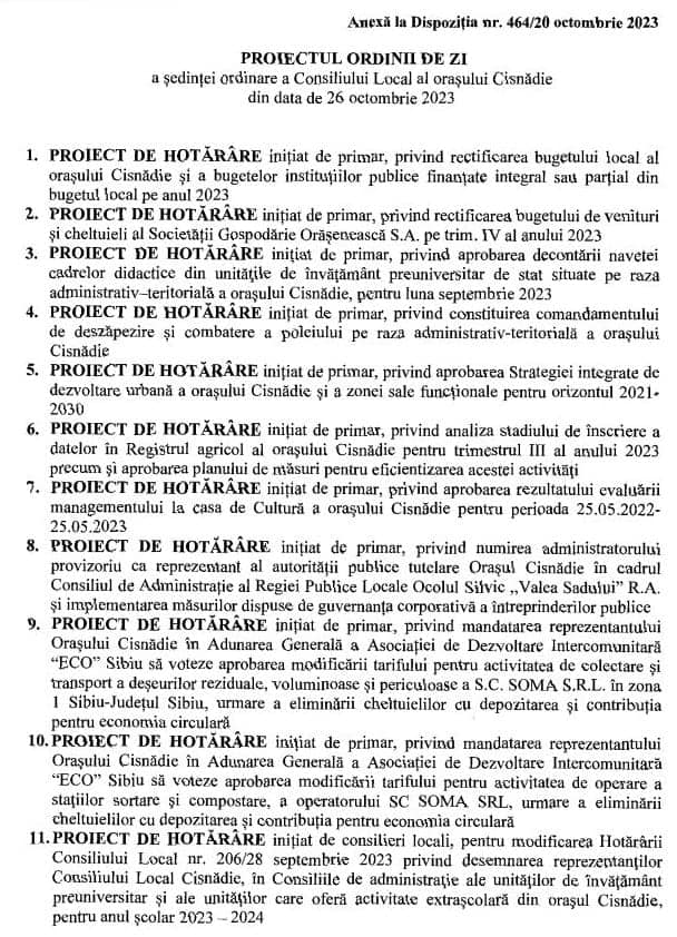 Ordinea de zi a ședinței Consiliului Local Cisnădie - 26 octombrie 2023