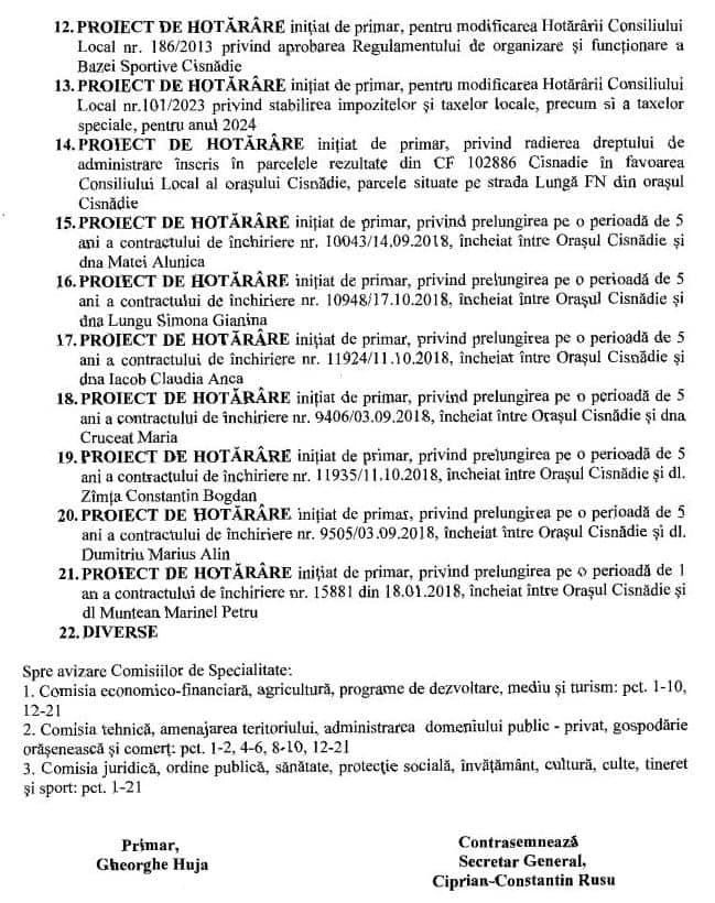 Ordinea de zi a ședinței Consiliului Local Cisnădie - 26 octombrie 2023